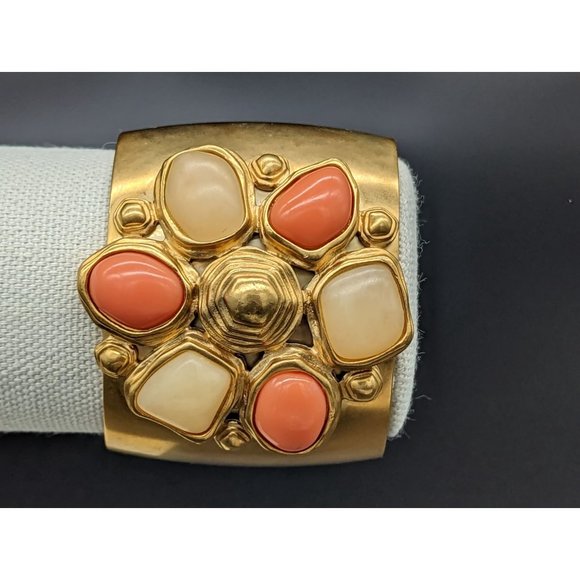 TTahari Chunky Cuff Bracelet Jewelry Gold Tone Peach, White Cabochon Faux Gems - Picture 1 of 9